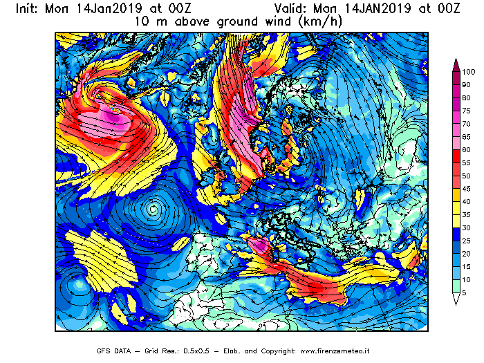 Mappa di analisi GFS - Velocità del vento a 10 metri dal suolo [km/h] in Europa
									del 14/01/2019 00 <!--googleoff: index-->UTC<!--googleon: index-->