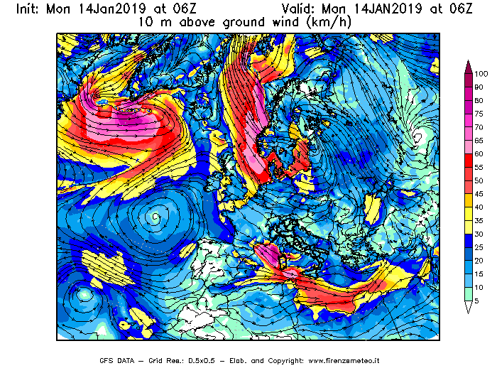 Mappa di analisi GFS - Velocità del vento a 10 metri dal suolo [km/h] in Europa
									del 14/01/2019 06 <!--googleoff: index-->UTC<!--googleon: index-->