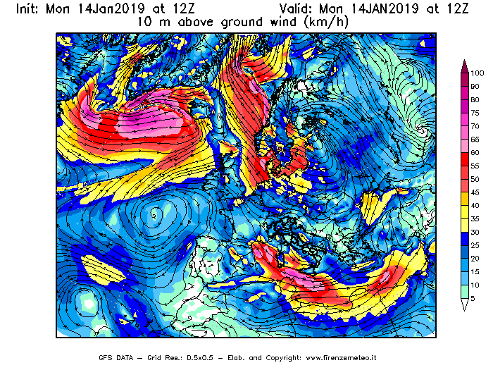 Mappa di analisi GFS - Velocità del vento a 10 metri dal suolo [km/h] in Europa
							del 14/01/2019 12 <!--googleoff: index-->UTC<!--googleon: index-->