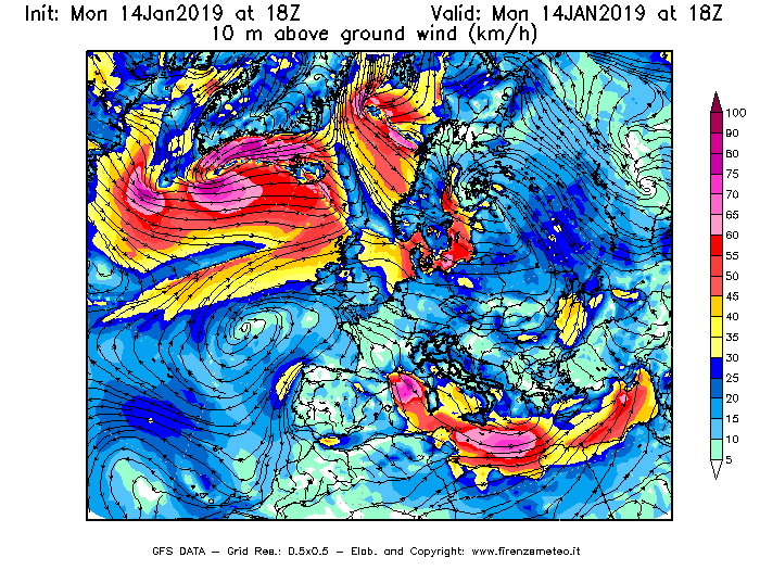 Mappa di analisi GFS - Velocità del vento a 10 metri dal suolo [km/h] in Europa
							del 14/01/2019 18 <!--googleoff: index-->UTC<!--googleon: index-->