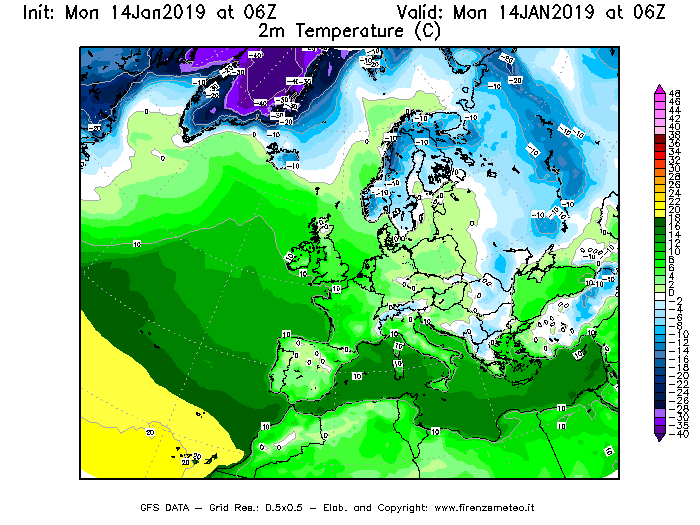 Mappa di analisi GFS - Temperatura a 2 metri dal suolo [°C] in Europa
									del 14/01/2019 06 <!--googleoff: index-->UTC<!--googleon: index-->