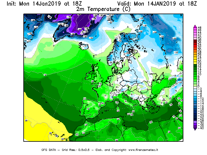Mappa di analisi GFS - Temperatura a 2 metri dal suolo [°C] in Europa
									del 14/01/2019 18 <!--googleoff: index-->UTC<!--googleon: index-->