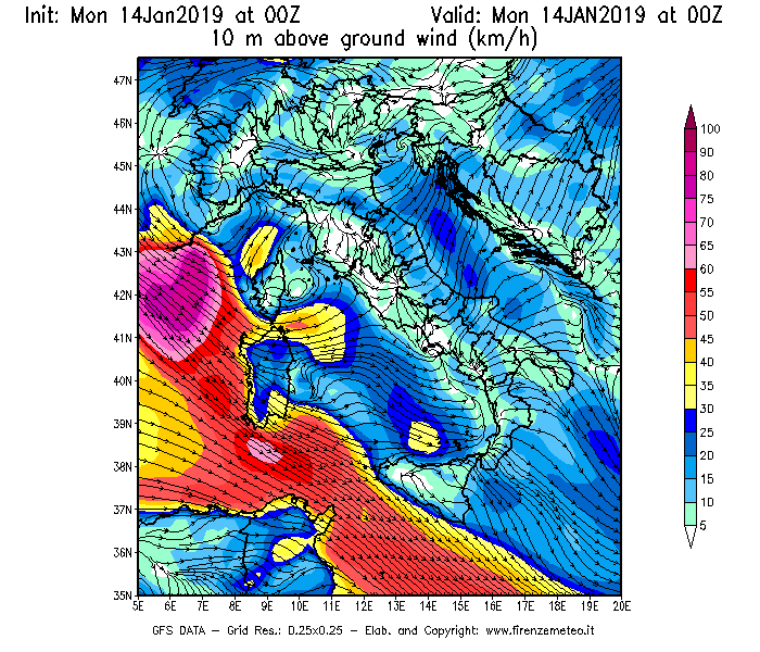 Mappa di analisi GFS - Velocità del vento a 10 metri dal suolo [km/h] in Italia
							del 14/01/2019 00 <!--googleoff: index-->UTC<!--googleon: index-->