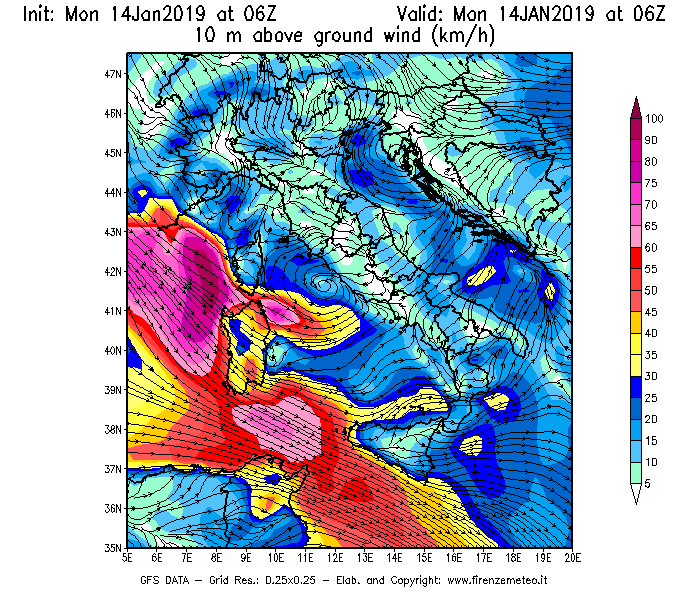 Mappa di analisi GFS - Velocità del vento a 10 metri dal suolo [km/h] in Italia
							del 14/01/2019 06 <!--googleoff: index-->UTC<!--googleon: index-->