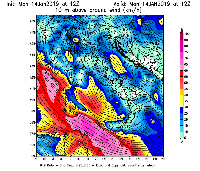 Mappa di analisi GFS - Velocità del vento a 10 metri dal suolo [km/h] in Italia
									del 14/01/2019 12 <!--googleoff: index-->UTC<!--googleon: index-->
