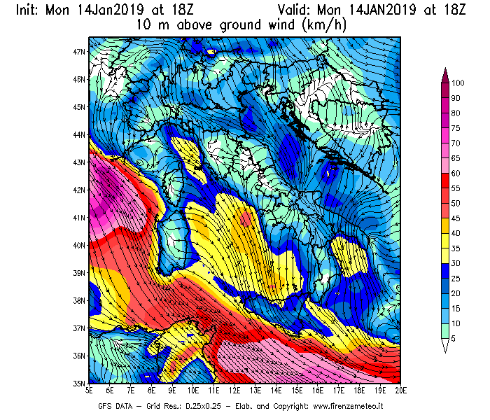 Mappa di analisi GFS - Velocità del vento a 10 metri dal suolo [km/h] in Italia
									del 14/01/2019 18 <!--googleoff: index-->UTC<!--googleon: index-->
