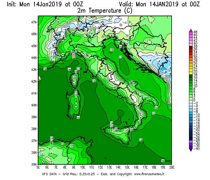 Mappa di analisi GFS - Temperatura a 2 metri dal suolo [°C] in Italia
									del 14/01/2019 00 <!--googleoff: index-->UTC<!--googleon: index-->