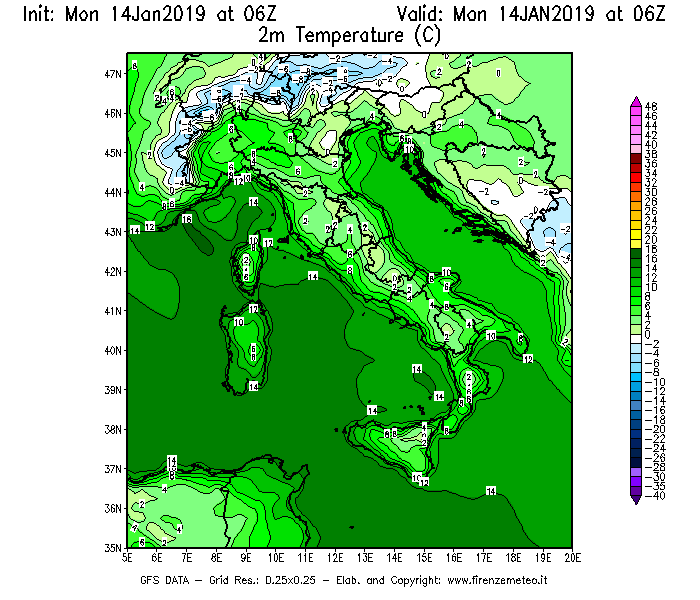 Mappa di analisi GFS - Temperatura a 2 metri dal suolo [°C] in Italia
									del 14/01/2019 06 <!--googleoff: index-->UTC<!--googleon: index-->