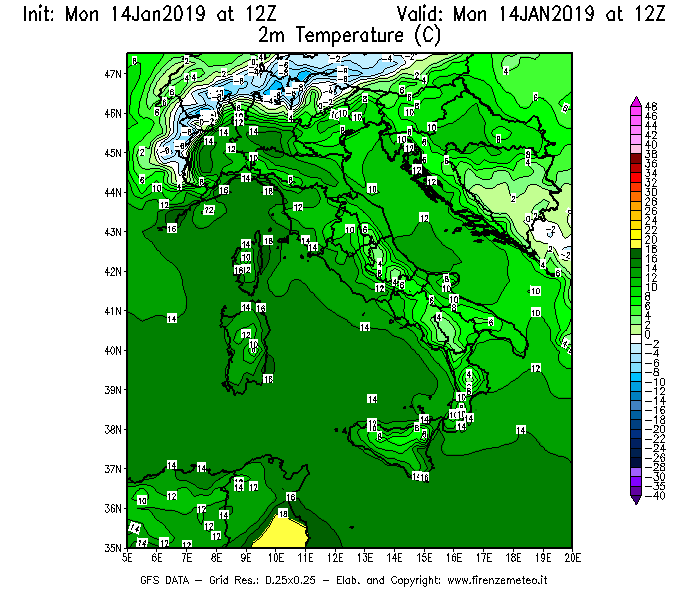 Mappa di analisi GFS - Temperatura a 2 metri dal suolo [°C] in Italia
									del 14/01/2019 12 <!--googleoff: index-->UTC<!--googleon: index-->