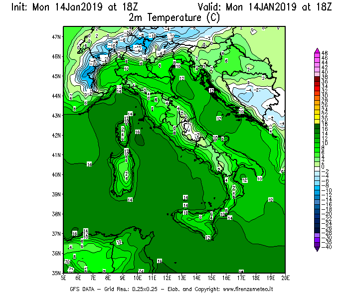 Mappa di analisi GFS - Temperatura a 2 metri dal suolo [°C] in Italia
									del 14/01/2019 18 <!--googleoff: index-->UTC<!--googleon: index-->