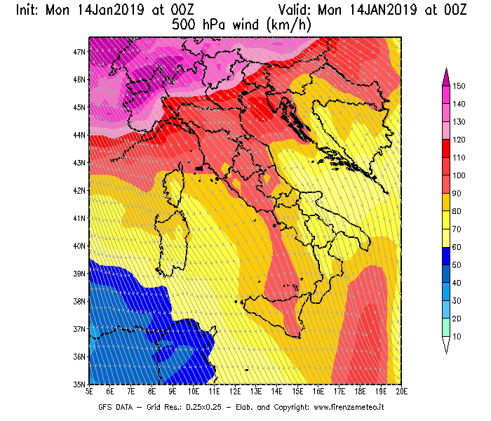 Mappa di analisi GFS - Velocità del vento a 500 hPa [km/h] in Italia
							del 14/01/2019 00 <!--googleoff: index-->UTC<!--googleon: index-->
