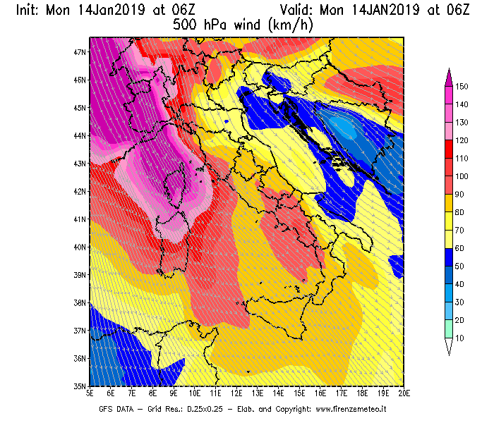 Mappa di analisi GFS - Velocità del vento a 500 hPa [km/h] in Italia
							del 14/01/2019 06 <!--googleoff: index-->UTC<!--googleon: index-->