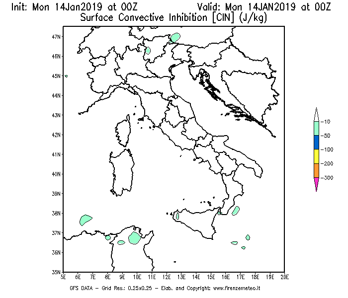 Mappa di analisi GFS - CIN [J/kg] in Italia
							del 14/01/2019 00 <!--googleoff: index-->UTC<!--googleon: index-->