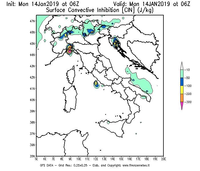 Mappa di analisi GFS - CIN [J/kg] in Italia
							del 14/01/2019 06 <!--googleoff: index-->UTC<!--googleon: index-->
