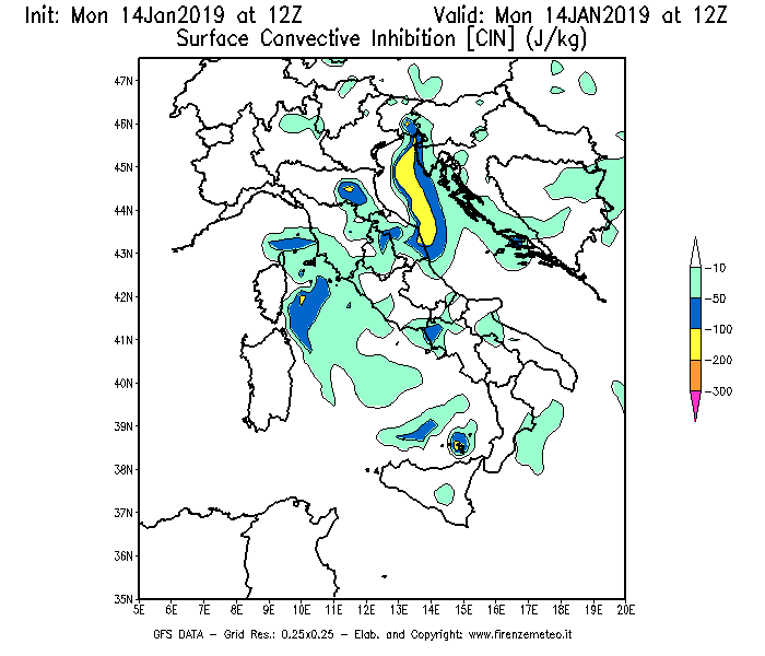 Mappa di analisi GFS - CIN [J/kg] in Italia
							del 14/01/2019 12 <!--googleoff: index-->UTC<!--googleon: index-->