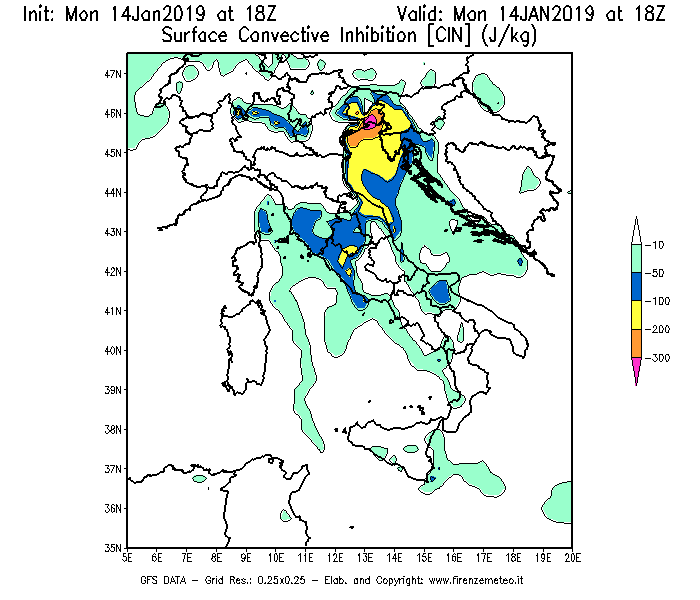 Mappa di analisi GFS - CIN [J/kg] in Italia
							del 14/01/2019 18 <!--googleoff: index-->UTC<!--googleon: index-->