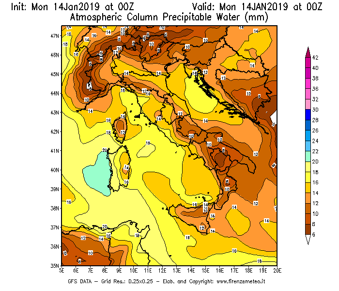 Mappa di analisi GFS - Precipitable Water [mm] in Italia
							del 14/01/2019 00 <!--googleoff: index-->UTC<!--googleon: index-->
