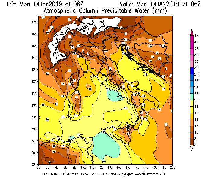Mappa di analisi GFS - Precipitable Water [mm] in Italia
									del 14/01/2019 06 <!--googleoff: index-->UTC<!--googleon: index-->