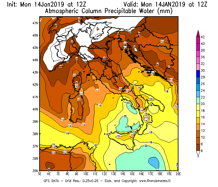 Mappa di analisi GFS - Precipitable Water [mm] in Italia
									del 14/01/2019 12 <!--googleoff: index-->UTC<!--googleon: index-->
