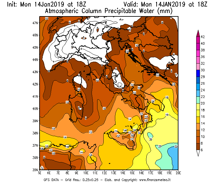 Mappa di analisi GFS - Precipitable Water [mm] in Italia
							del 14/01/2019 18 <!--googleoff: index-->UTC<!--googleon: index-->
