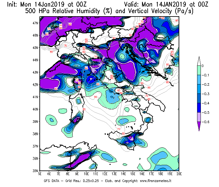 Mappa di analisi GFS - Umidità relativa [%] e Omega [Pa/s] a 500 hPa in Italia
							del 14/01/2019 00 <!--googleoff: index-->UTC<!--googleon: index-->