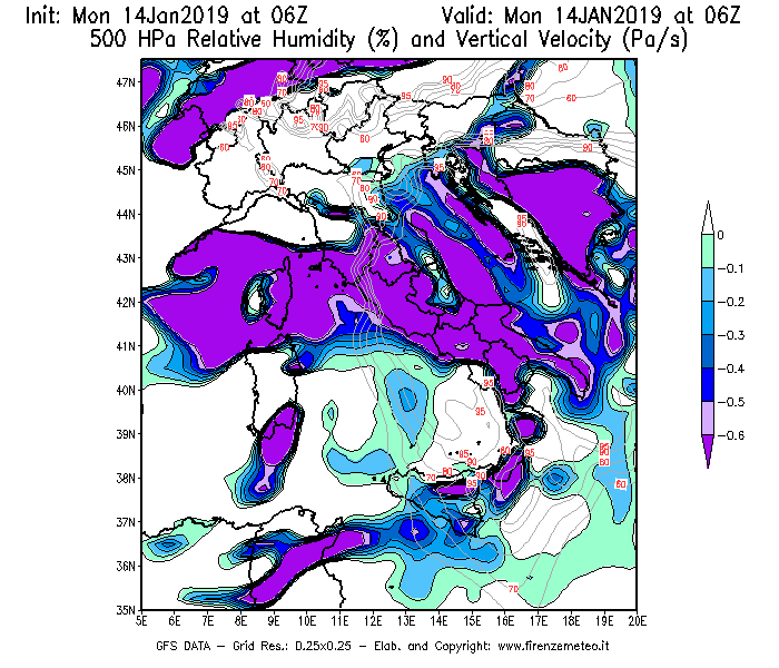 Mappa di analisi GFS - Umidità relativa [%] e Omega [Pa/s] a 500 hPa in Italia
							del 14/01/2019 06 <!--googleoff: index-->UTC<!--googleon: index-->