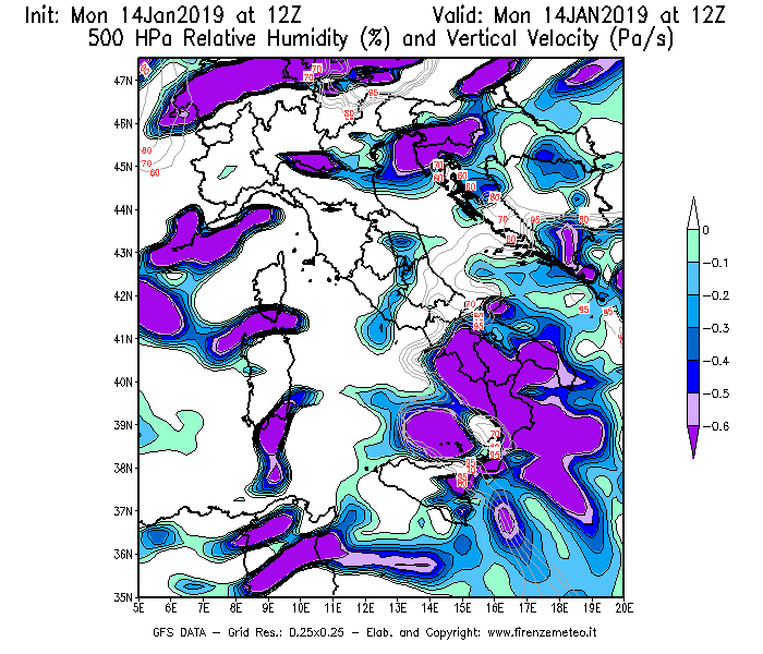 Mappa di analisi GFS - Umidità relativa [%] e Omega [Pa/s] a 500 hPa in Italia
									del 14/01/2019 12 <!--googleoff: index-->UTC<!--googleon: index-->
