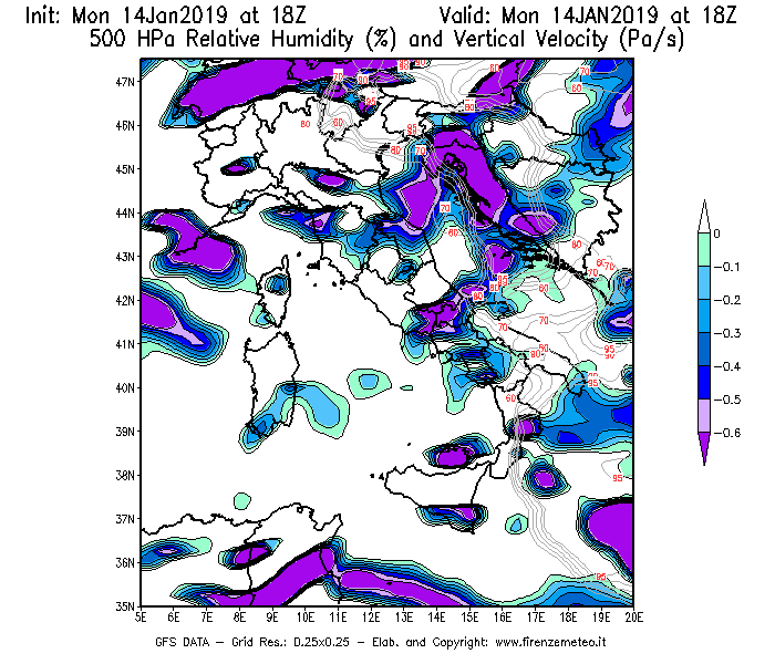 Mappa di analisi GFS - Umidità relativa [%] e Omega [Pa/s] a 500 hPa in Italia
							del 14/01/2019 18 <!--googleoff: index-->UTC<!--googleon: index-->
