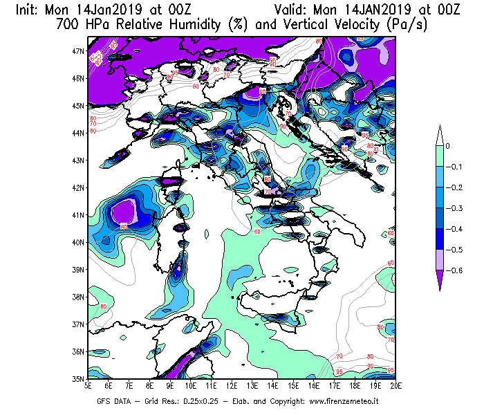 Mappa di analisi GFS - Umidità relativa [%] e Omega [Pa/s] a 700 hPa in Italia
							del 14/01/2019 00 <!--googleoff: index-->UTC<!--googleon: index-->