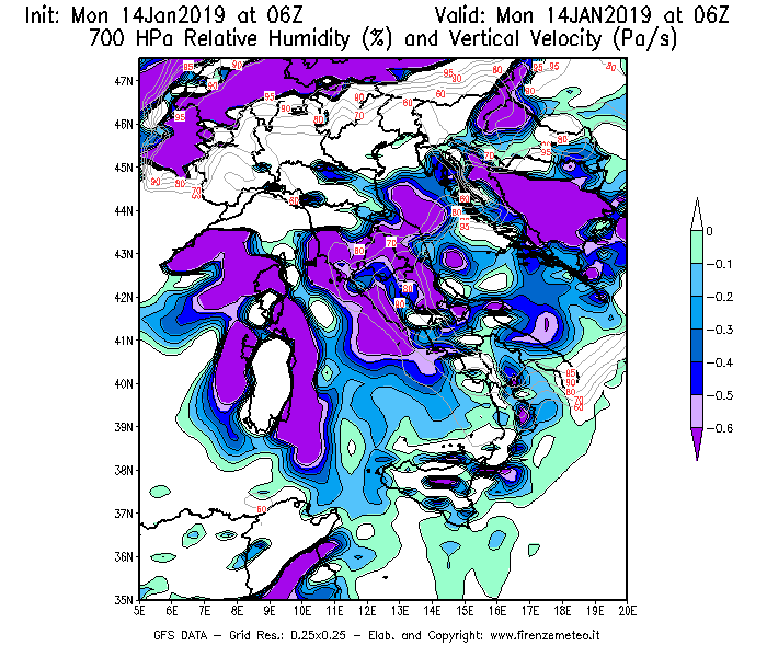 Mappa di analisi GFS - Umidità relativa [%] e Omega [Pa/s] a 700 hPa in Italia
									del 14/01/2019 06 <!--googleoff: index-->UTC<!--googleon: index-->
