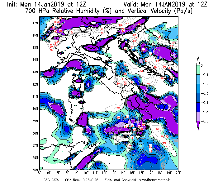 Mappa di analisi GFS - Umidità relativa [%] e Omega [Pa/s] a 700 hPa in Italia
									del 14/01/2019 12 <!--googleoff: index-->UTC<!--googleon: index-->