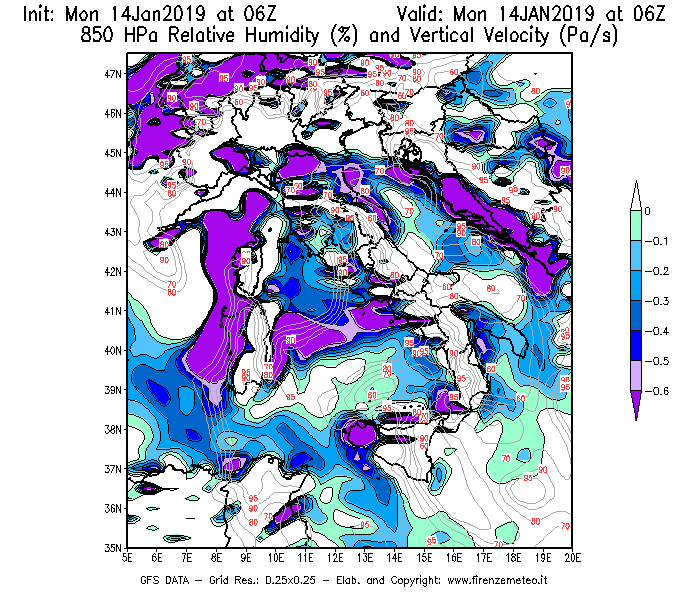 Mappa di analisi GFS - Umidità relativa [%] e Omega [Pa/s] a 850 hPa in Italia
							del 14/01/2019 06 <!--googleoff: index-->UTC<!--googleon: index-->
