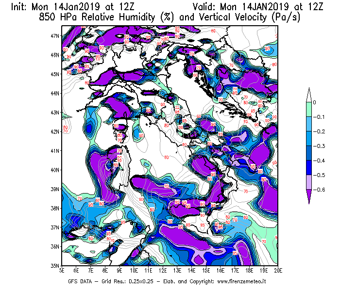 Mappa di analisi GFS - Umidità relativa [%] e Omega [Pa/s] a 850 hPa in Italia
									del 14/01/2019 12 <!--googleoff: index-->UTC<!--googleon: index-->