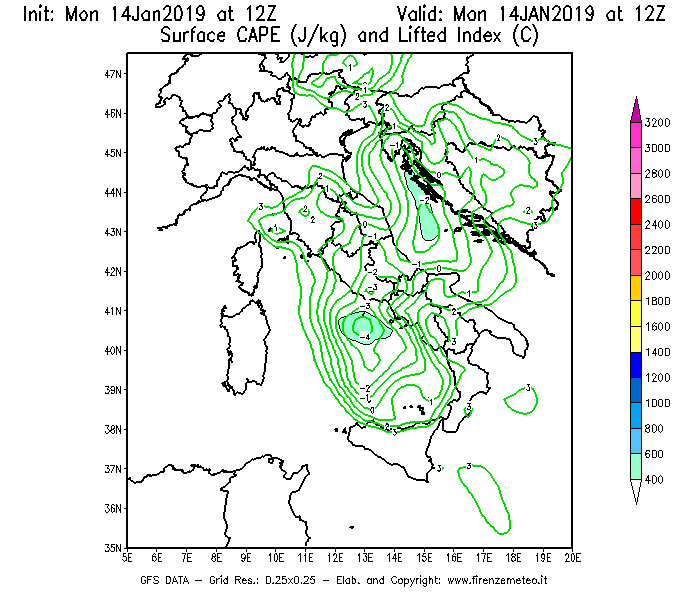 Mappa di analisi GFS - CAPE [J/kg] e Lifted Index [°C] in Italia
									del 14/01/2019 12 <!--googleoff: index-->UTC<!--googleon: index-->