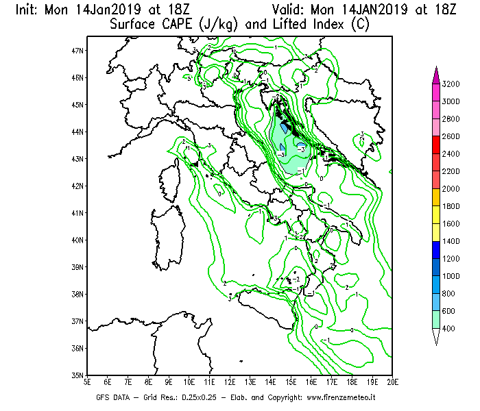 Mappa di analisi GFS - CAPE [J/kg] e Lifted Index [°C] in Italia
							del 14/01/2019 18 <!--googleoff: index-->UTC<!--googleon: index-->