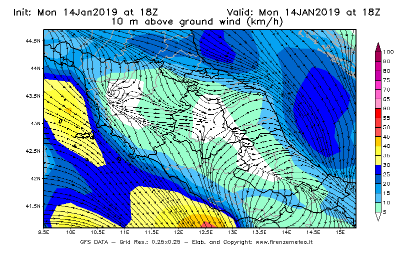 Mappa di analisi GFS - Velocità del vento a 10 metri dal suolo [km/h] in Centro-Italia
							del 14/01/2019 18 <!--googleoff: index-->UTC<!--googleon: index-->