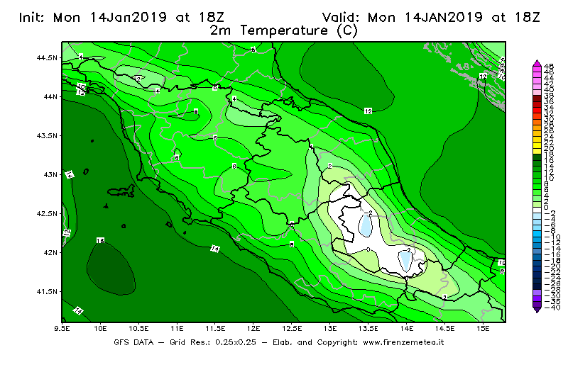 Mappa di analisi GFS - Temperatura a 2 metri dal suolo [°C] in Centro-Italia
									del 14/01/2019 18 <!--googleoff: index-->UTC<!--googleon: index-->