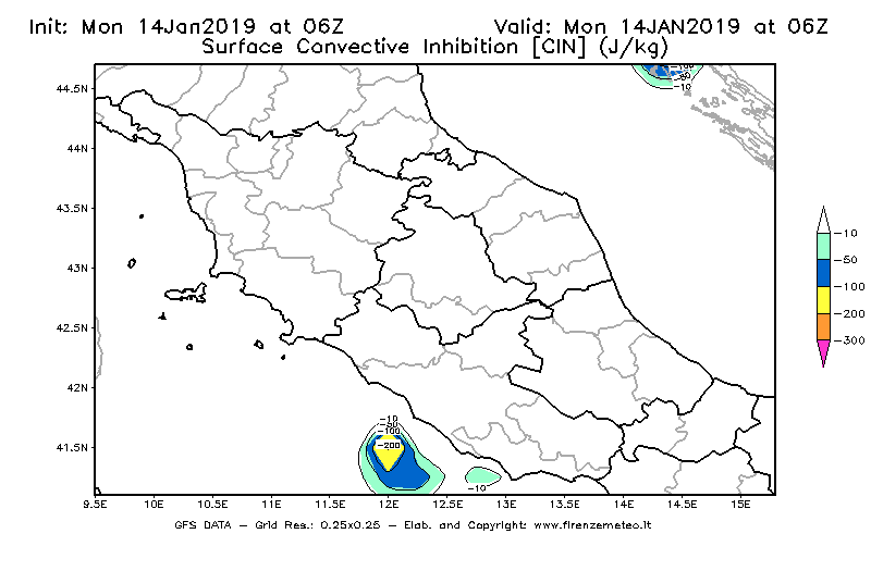 Mappa di analisi GFS - CIN [J/kg] in Centro-Italia
							del 14/01/2019 06 <!--googleoff: index-->UTC<!--googleon: index-->