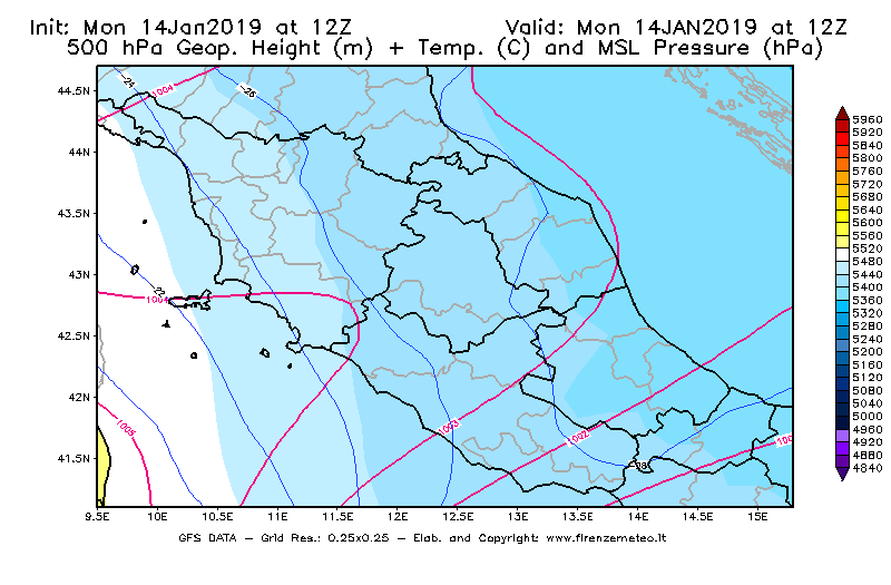 Mappa di analisi GFS - Geopotenziale [m] + Temp. [°C] a 500 hPa + Press. a livello del mare [hPa] in Centro-Italia
									del 14/01/2019 12 <!--googleoff: index-->UTC<!--googleon: index-->