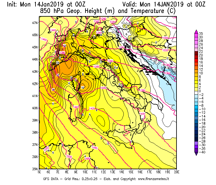 Mappa di analisi GFS - Geopotenziale [m] e Temperatura [°C] a 850 hPa in Italia
									del 14/01/2019 00 <!--googleoff: index-->UTC<!--googleon: index-->