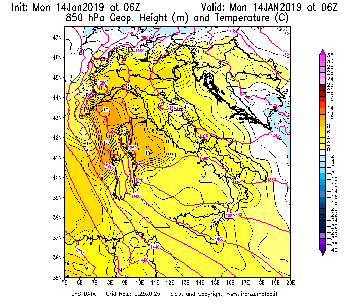 Mappa di analisi GFS - Geopotenziale [m] e Temperatura [°C] a 850 hPa in Italia
							del 14/01/2019 06 <!--googleoff: index-->UTC<!--googleon: index-->