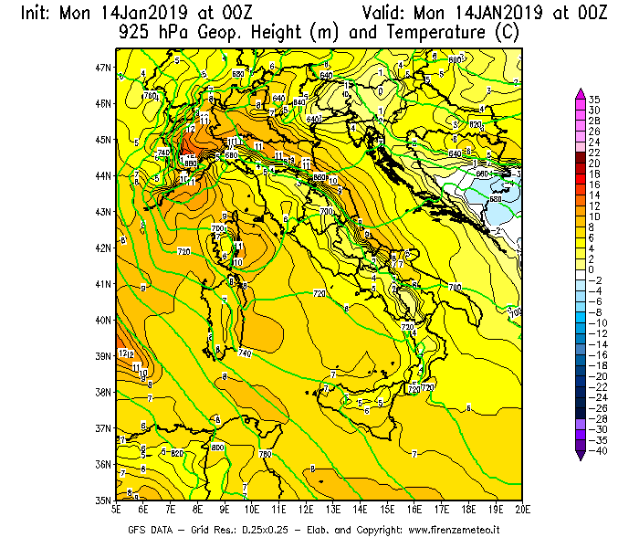 Mappa di analisi GFS - Geopotenziale [m] e Temperatura [°C] a 925 hPa in Italia
									del 14/01/2019 00 <!--googleoff: index-->UTC<!--googleon: index-->