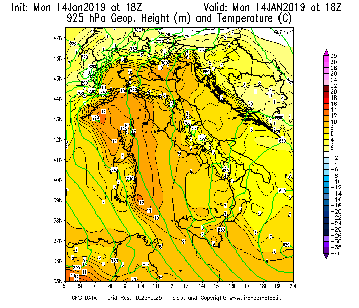 Mappa di analisi GFS - Geopotenziale [m] e Temperatura [°C] a 925 hPa in Italia
									del 14/01/2019 18 <!--googleoff: index-->UTC<!--googleon: index-->