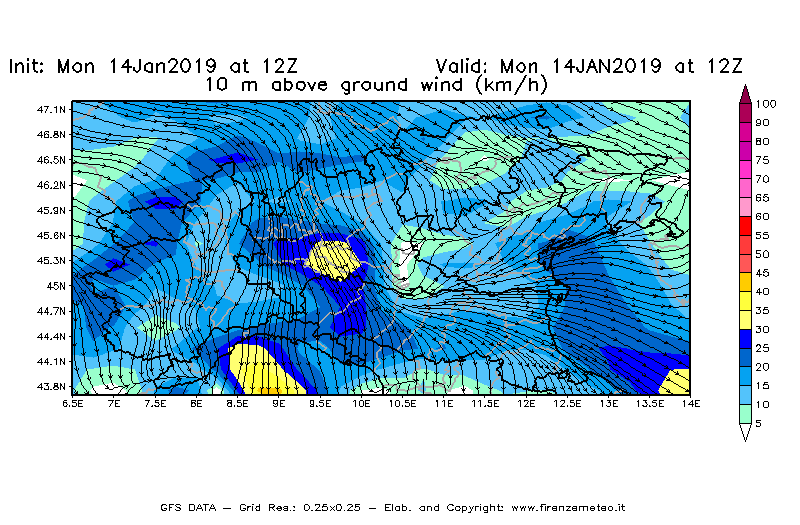 Mappa di analisi GFS - Velocità del vento a 10 metri dal suolo [km/h] in Nord-Italia
							del 14/01/2019 12 <!--googleoff: index-->UTC<!--googleon: index-->