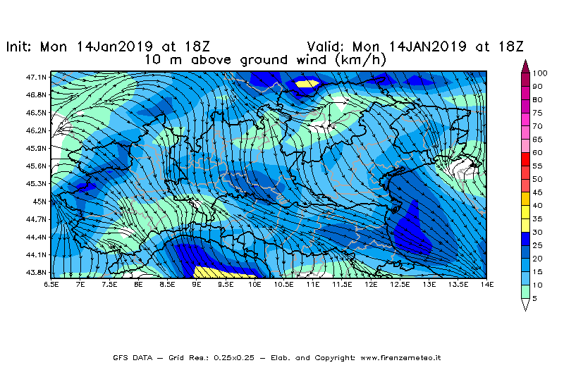 Mappa di analisi GFS - Velocità del vento a 10 metri dal suolo [km/h] in Nord-Italia
							del 14/01/2019 18 <!--googleoff: index-->UTC<!--googleon: index-->