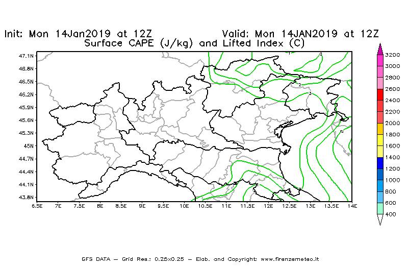 Mappa di analisi GFS - CAPE [J/kg] e Lifted Index [°C] in Nord-Italia
							del 14/01/2019 12 <!--googleoff: index-->UTC<!--googleon: index-->
