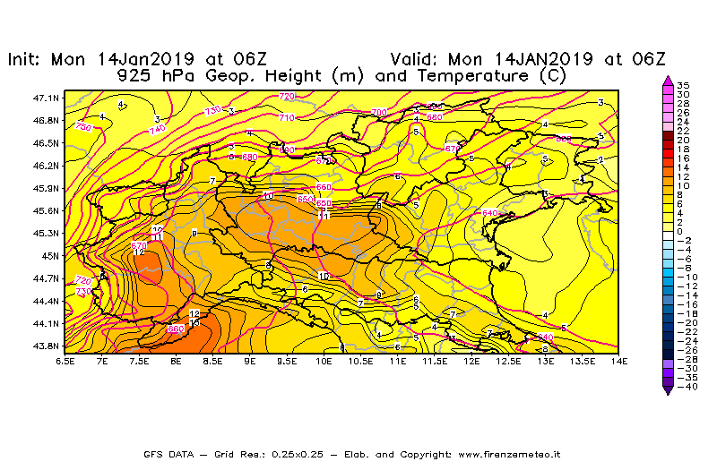 Mappa di analisi GFS - Geopotenziale [m] e Temperatura [°C] a 925 hPa in Nord-Italia
							del 14/01/2019 06 <!--googleoff: index-->UTC<!--googleon: index-->