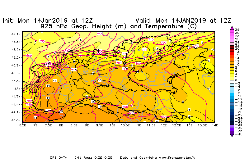 Mappa di analisi GFS - Geopotenziale [m] e Temperatura [°C] a 925 hPa in Nord-Italia
									del 14/01/2019 12 <!--googleoff: index-->UTC<!--googleon: index-->