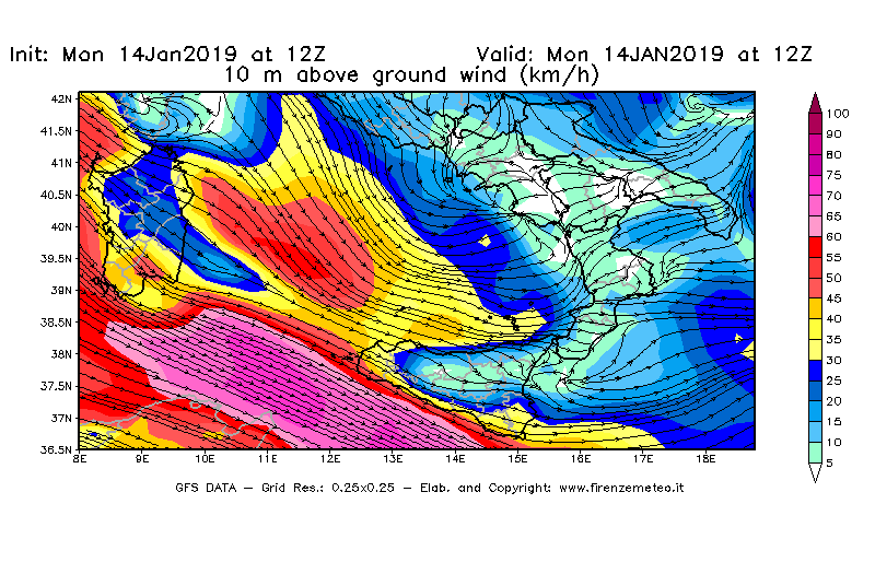 Mappa di analisi GFS - Velocità del vento a 10 metri dal suolo [km/h] in Sud-Italia
							del 14/01/2019 12 <!--googleoff: index-->UTC<!--googleon: index-->