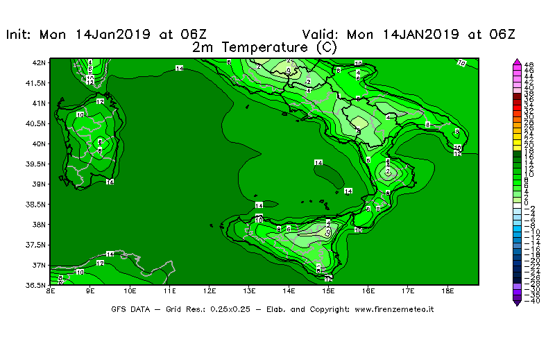 Mappa di analisi GFS - Temperatura a 2 metri dal suolo [°C] in Sud-Italia
							del 14/01/2019 06 <!--googleoff: index-->UTC<!--googleon: index-->